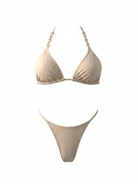 Beige Triangle Bikini Set with Gold Accents - Women Swim